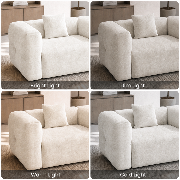 Cream upholstered armchair shown under bright, dim, warm, and cold lighting.
