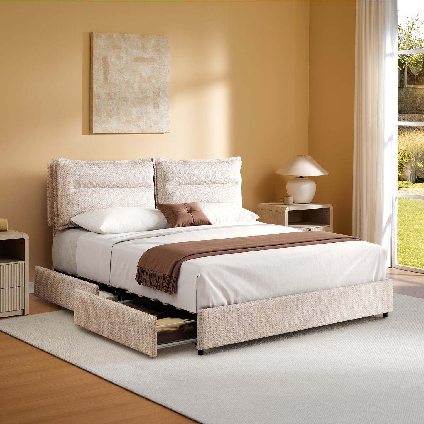 Tareya King Upholstered Bed Frame with 4 Storage Drawers, Beige