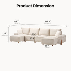 Dimension diagram of a cream sectional sofa with extended seats at both ends, showing an overall width of 145.7 inches, depth of 69.7 inches and height of 35 inches.