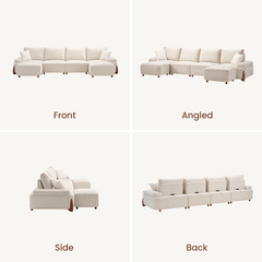 Four views of a cream-colored sectional sofa: front, angled, side, and back.
