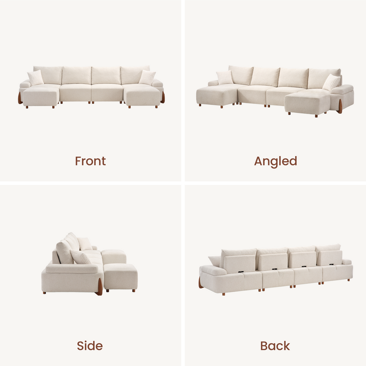 Four views of a cream-colored sectional sofa: front, angled, side, and back.