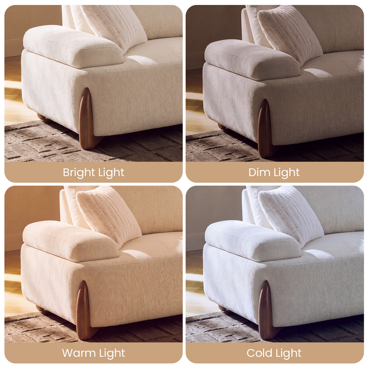 Four-panel comparison of the same sofa corner under bright, dim, warm, and cold lighting, labeled accordingly.