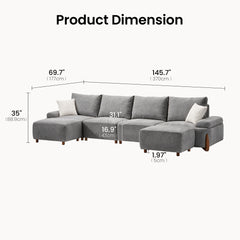 Dimension diagram of a gray sectional sofa with two white pillows and two projecting footrests, labeled 145.7 inches wide, 69.7 inches deep and 35 inches high.
