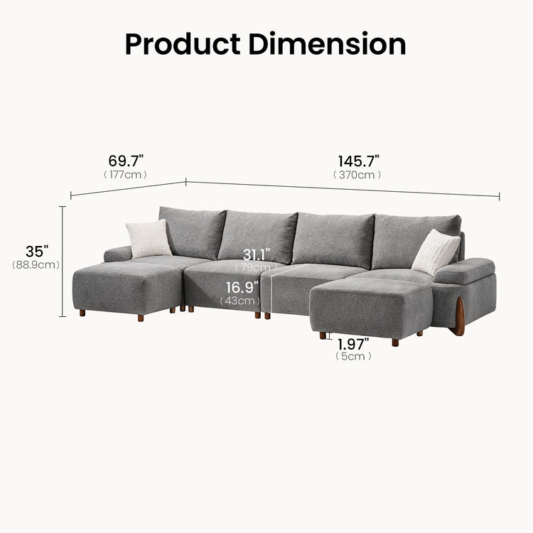 Dimension diagram of a gray sectional sofa with two white pillows and two projecting footrests, labeled 145.7 inches wide, 69.7 inches deep and 35 inches high.