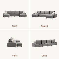 Four views of a gray sectional sofa with white cushions, labeled front, angled, side, and back.