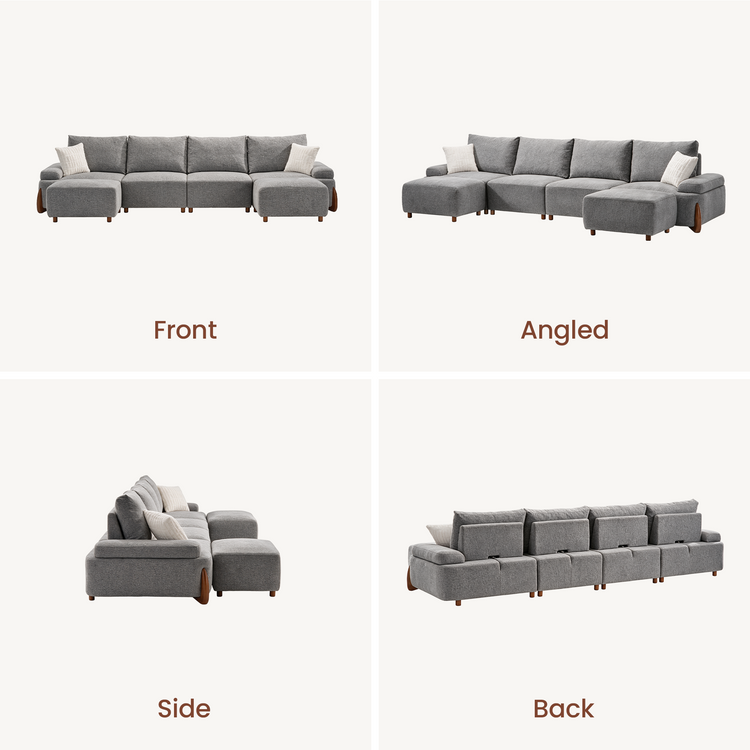 Four views of a gray sectional sofa with white cushions, labeled front, angled, side, and back.