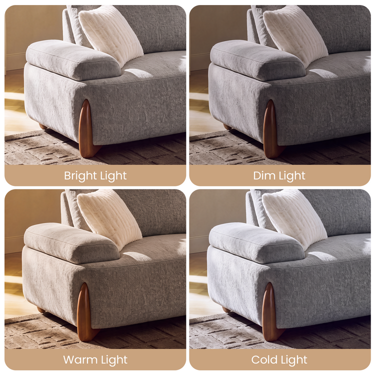 Four-panel comparison of the same gray sofa under bright, dim, warm, and cold lighting, labeled accordingly.