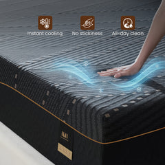 A hand presses down on the quilted mattress surface