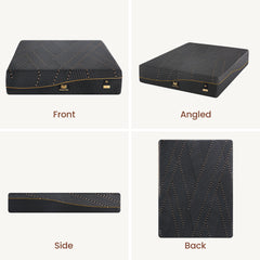 Black patterned mattress shown from front, angled, side, and top views