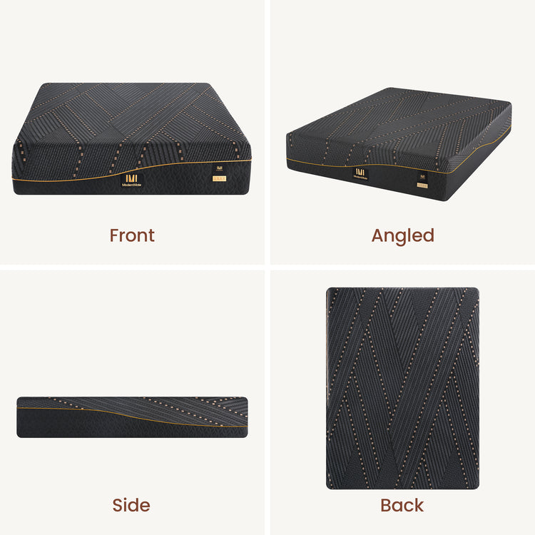 Black patterned mattress shown from front, angled, side, and top views