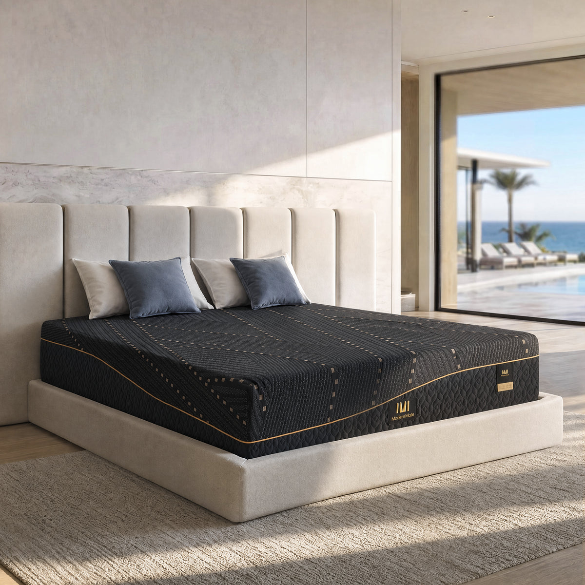 Dark patterned mattress rests on a light upholstered bed beneath a tall segmented headboard