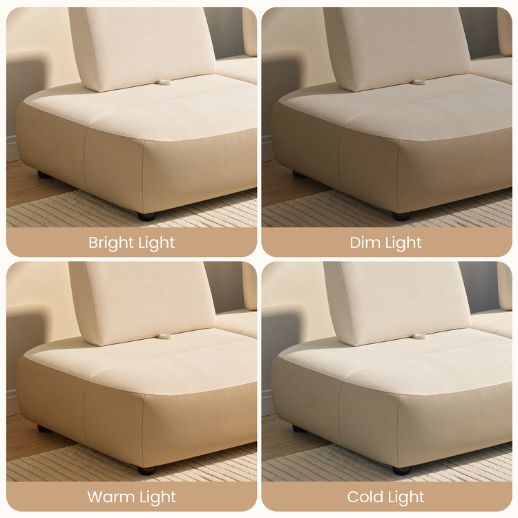 Cream chair shown under bright, dim, warm, and cold light.