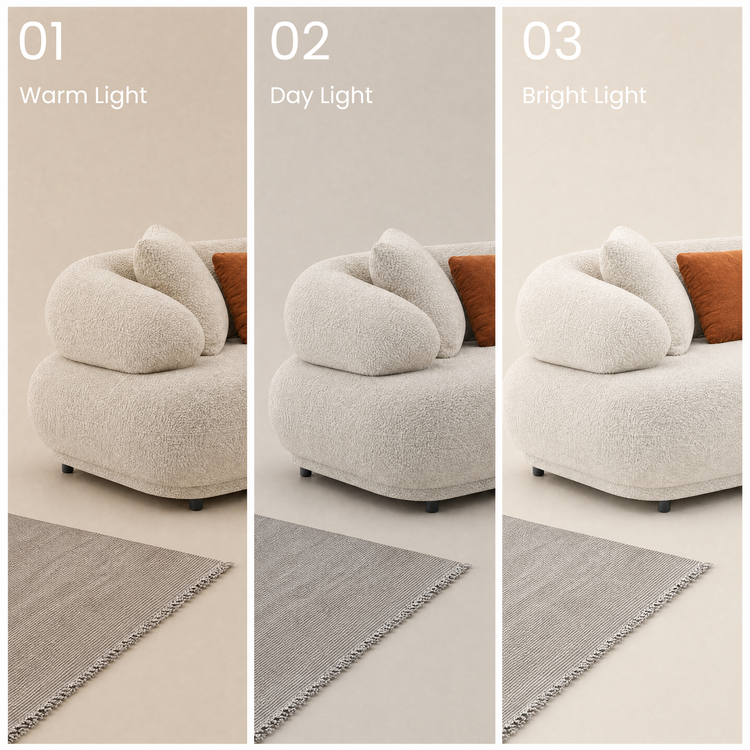 Cream Teddy Fabric 3-Seater Sofa with Cylindrical Armrests