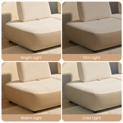 Cream chair shown under bright, dim, warm, and cold light.