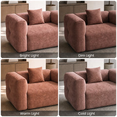 Pink upholstered armchair shown under bright, dim, warm, and cold light.