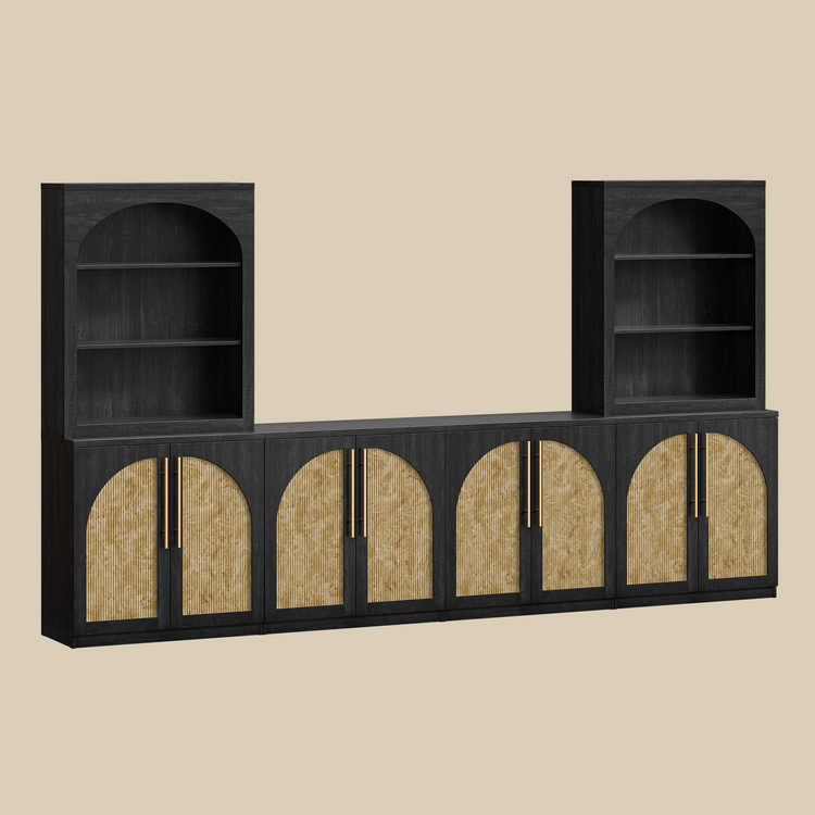 [Pre-Sale] Harmo Block 70" Arched Bookcase with Doors,  Hall Tree & Entryway Cabinet, Black&Burl Wood