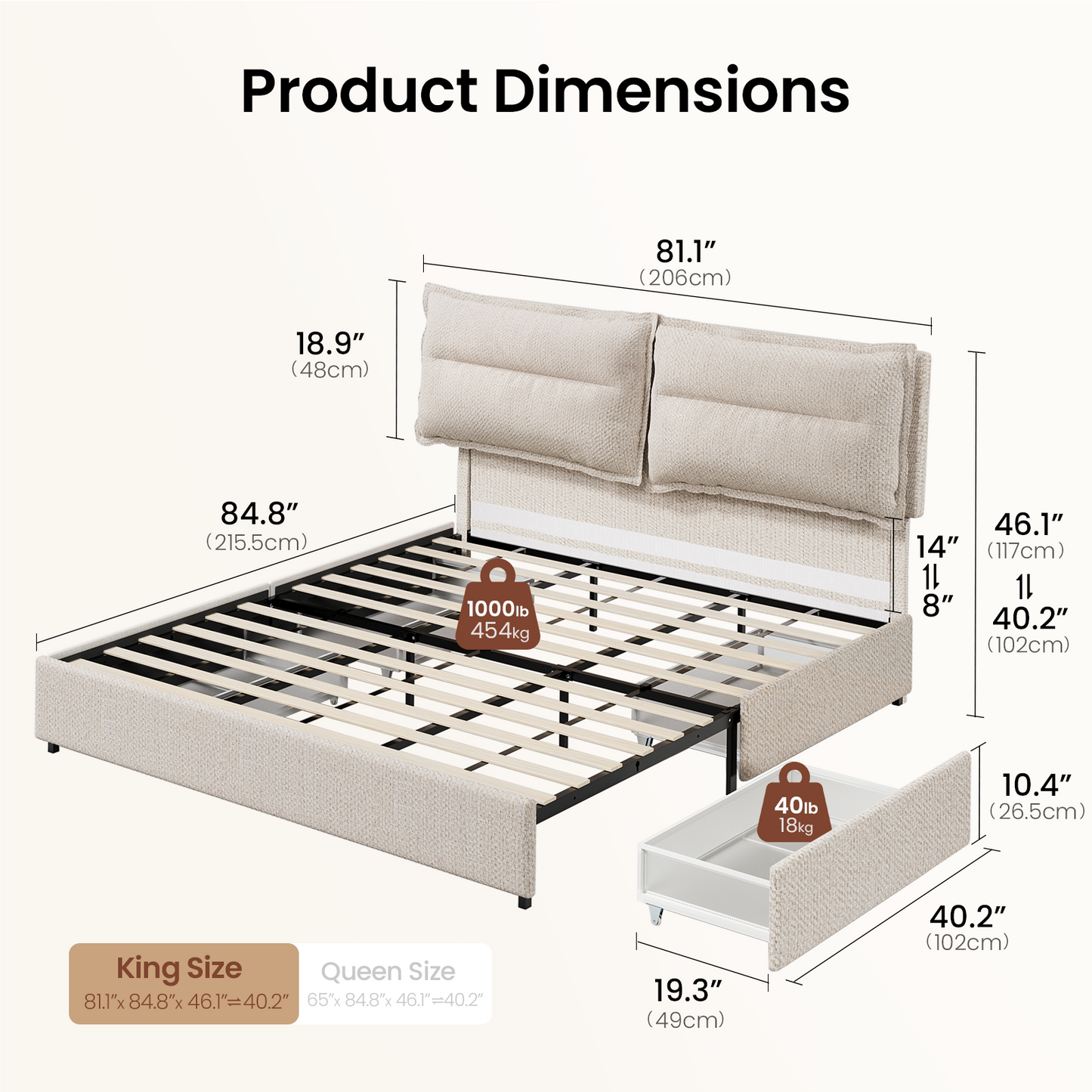 Tareya King Upholstered Bed Frame with 4 Storage Drawers, Beige