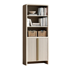 Tall two-tone cabinet combines open shelves, basket storage, and fluted lower doors
