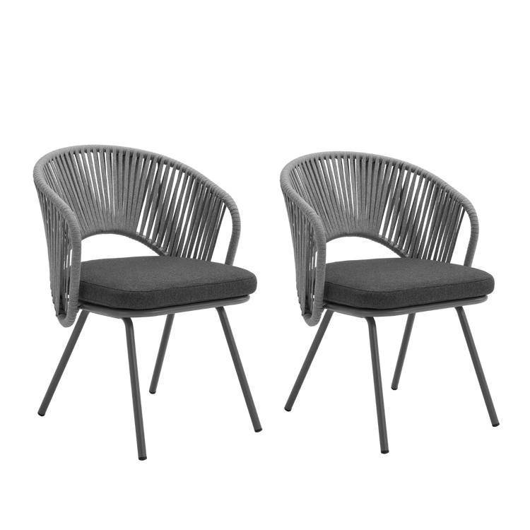 Two gray rope-style dining chairs shown together