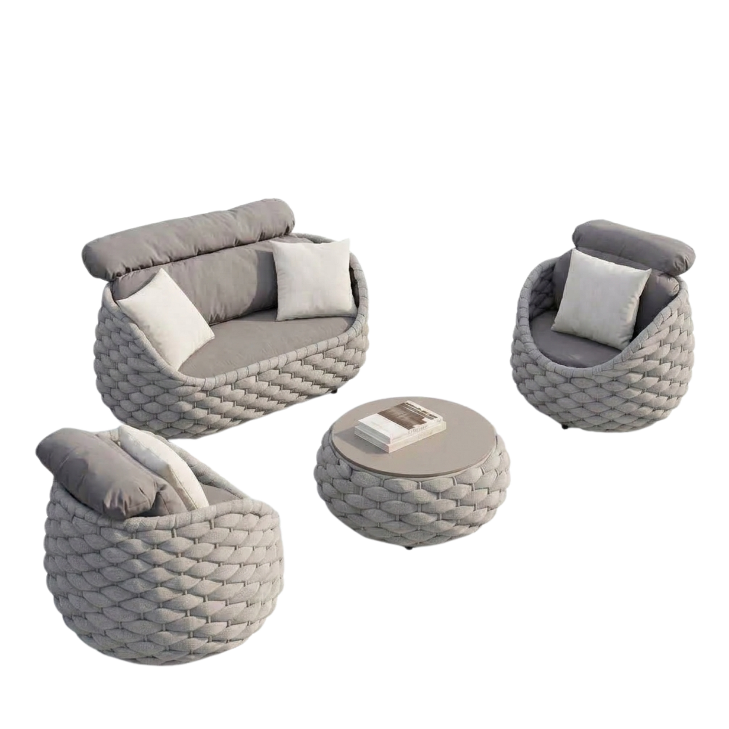 4-Piece Eggshell Woven Rope Patio Furniture Set with 1 Loveseat & Coffee Table, 2 Lounge Chairs