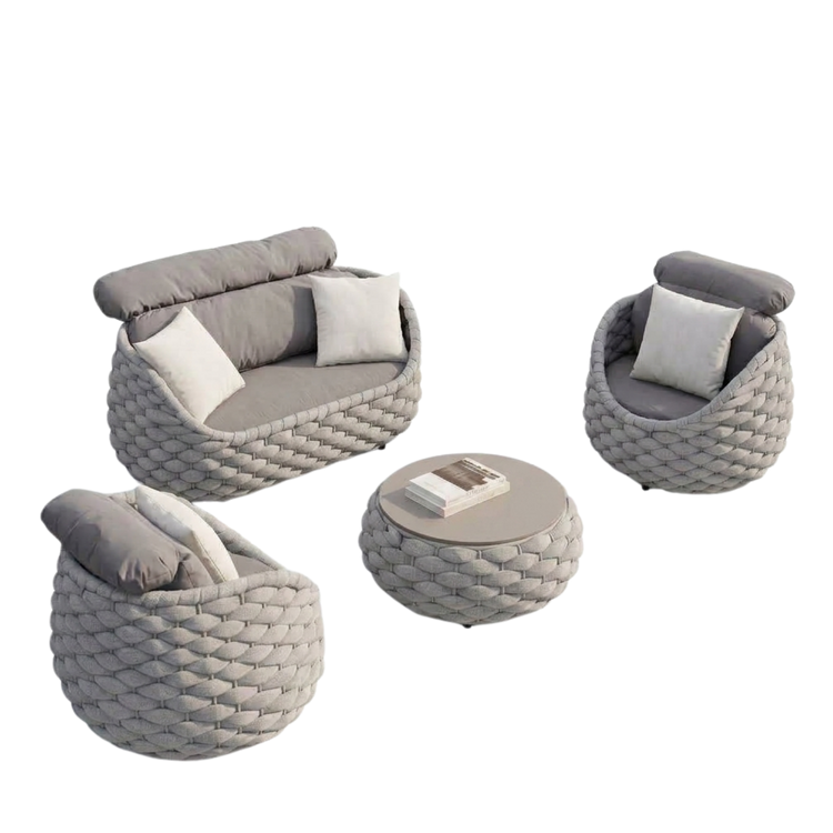 The seating group includes one sofa, two rounded chairs, and a round low table with braided outer frames