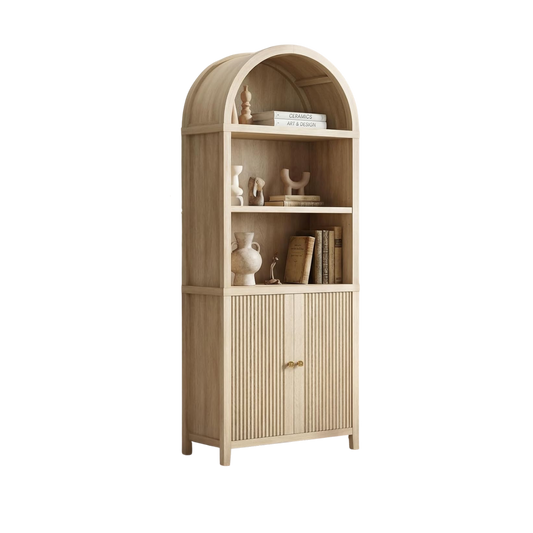76" Tall Arched Bookcase, 5 Tier Fluted Cabinet with Doors & Adjustable Shelves