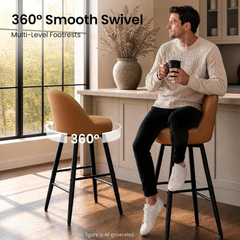 Adult man sits on an orange swivel bar stool at a kitchen counter, with a rotation arrow graphic
