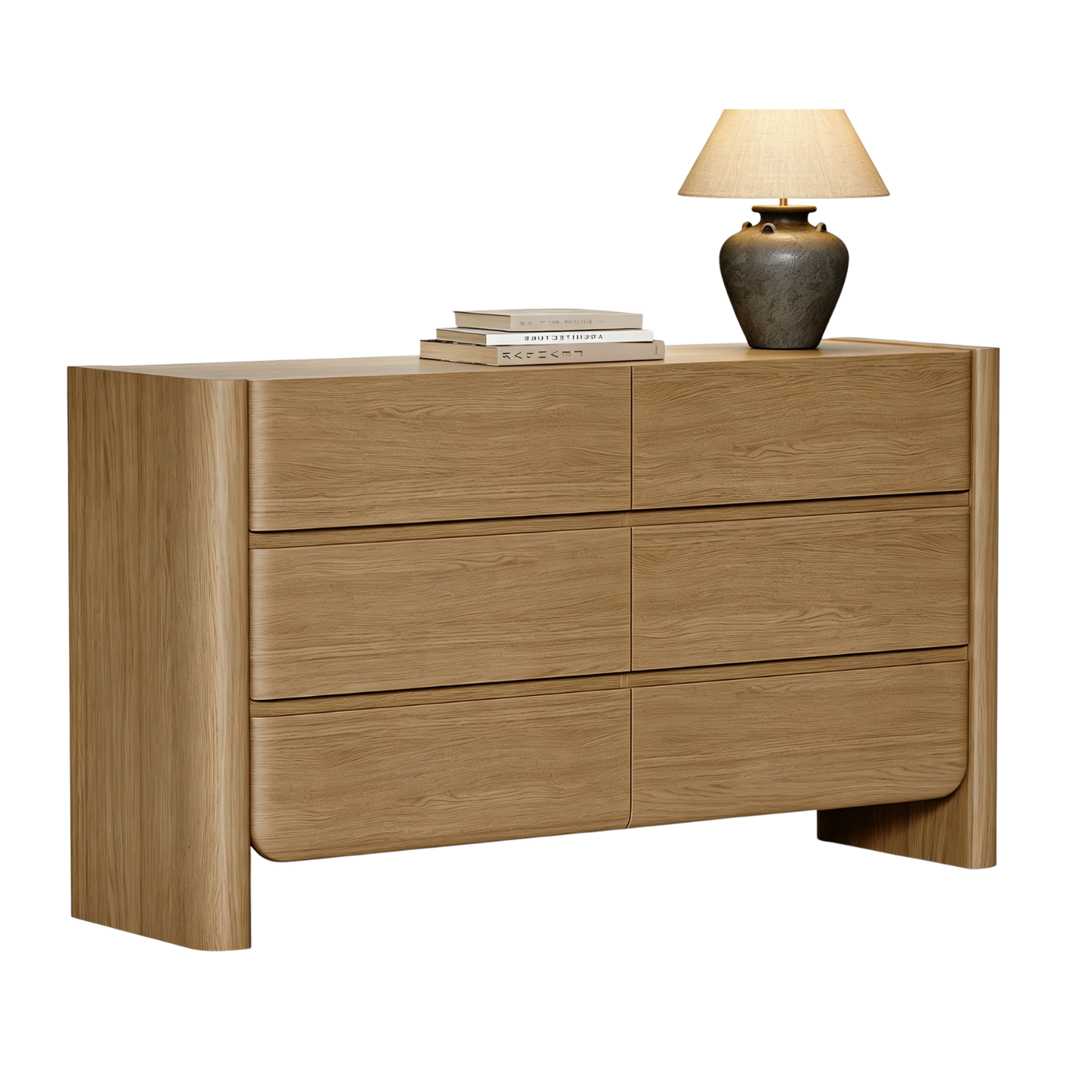 55 Inch 6 Drawer Curved Edge Dresser, Thick Rounded Side Panels