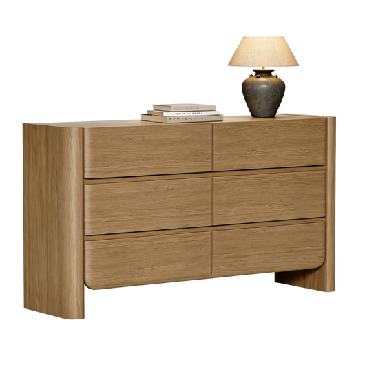 55 Inch 6 Drawer Curved Edge Dresser, Thick Rounded Side Panels