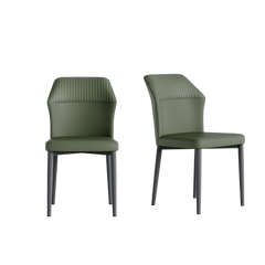 Two olive-green upholstered chairs show front and angled views