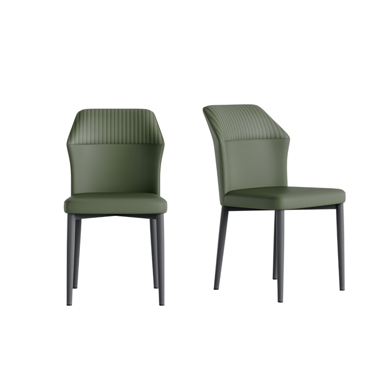 Two olive-green upholstered chairs show front and angled views