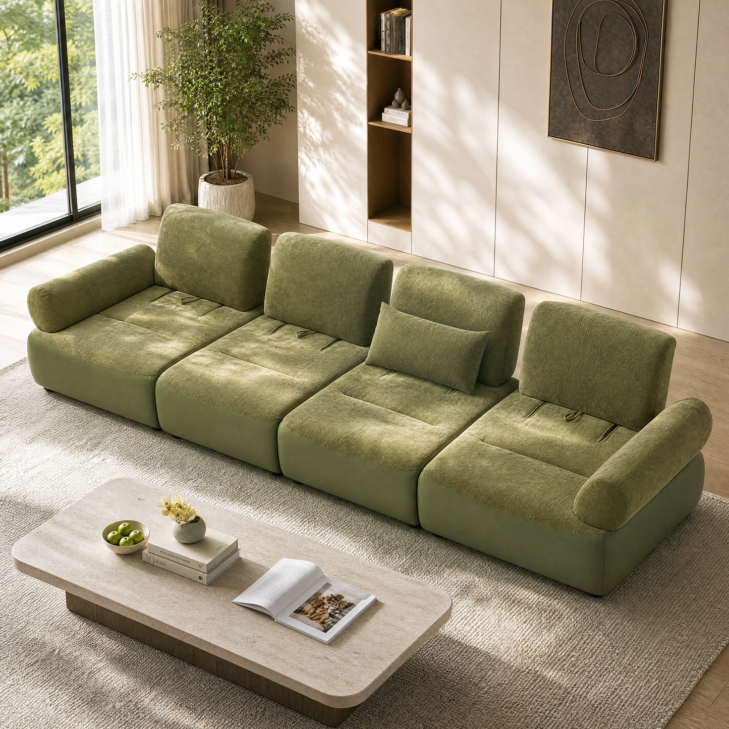 [Pre-Sale] 152-Inch Extra-Wide Modern 4-Seater Deep-Seat Sofa - Olive Green Chenille and Faux Leather