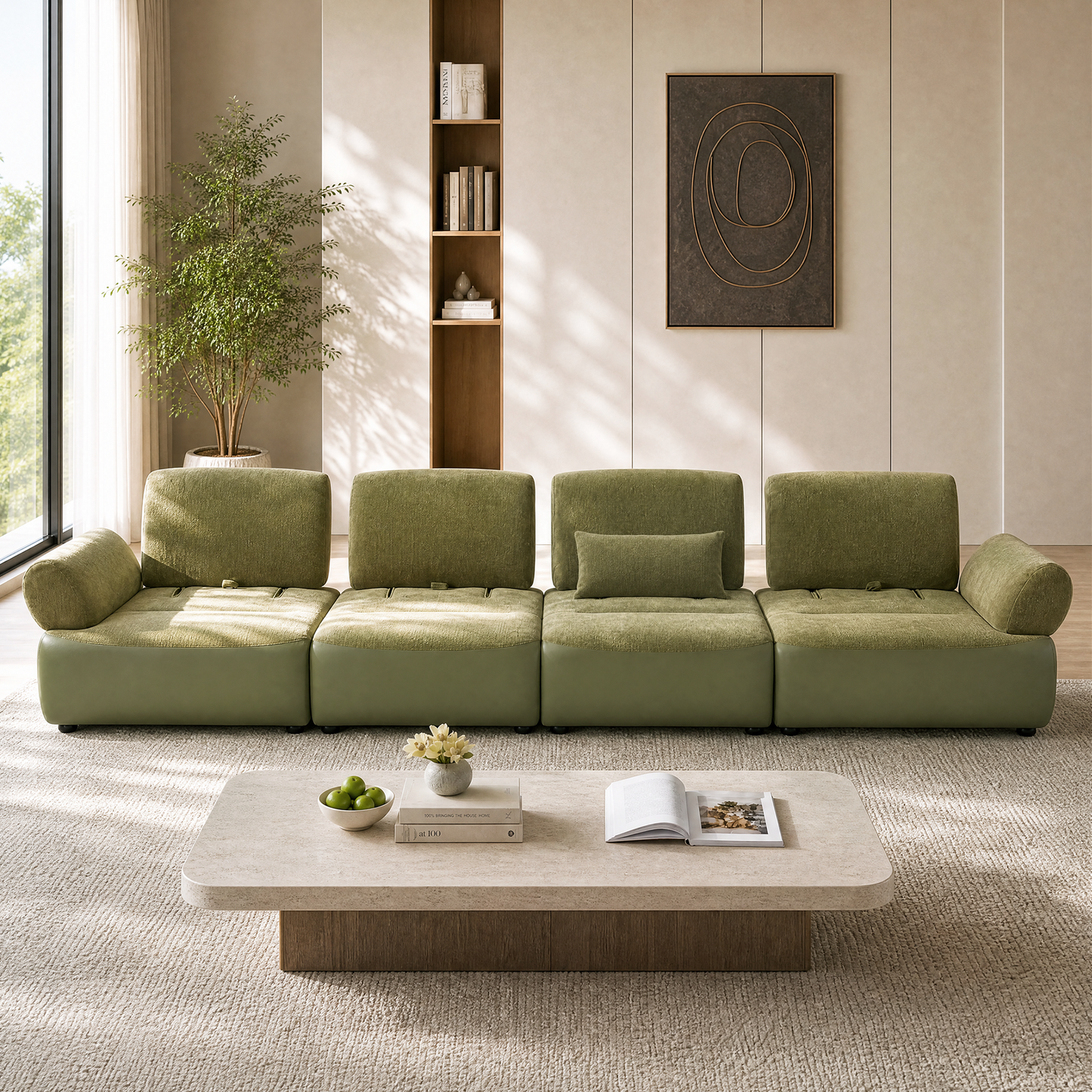 [Pre-Sale] 152-Inch Extra-Wide Modern 4-Seater Deep-Seat Sofa - Olive Green Chenille and Faux Leather