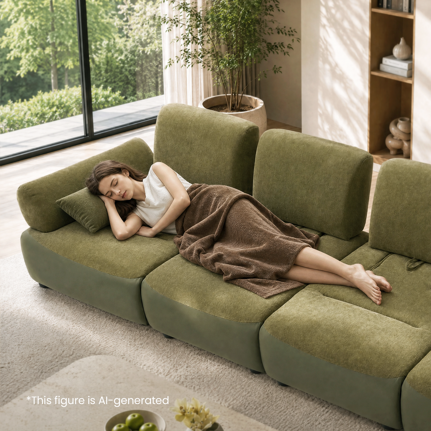 [Pre-Sale] 152-Inch Extra-Wide Modern 4-Seater Deep-Seat Sofa - Olive Green Chenille and Faux Leather