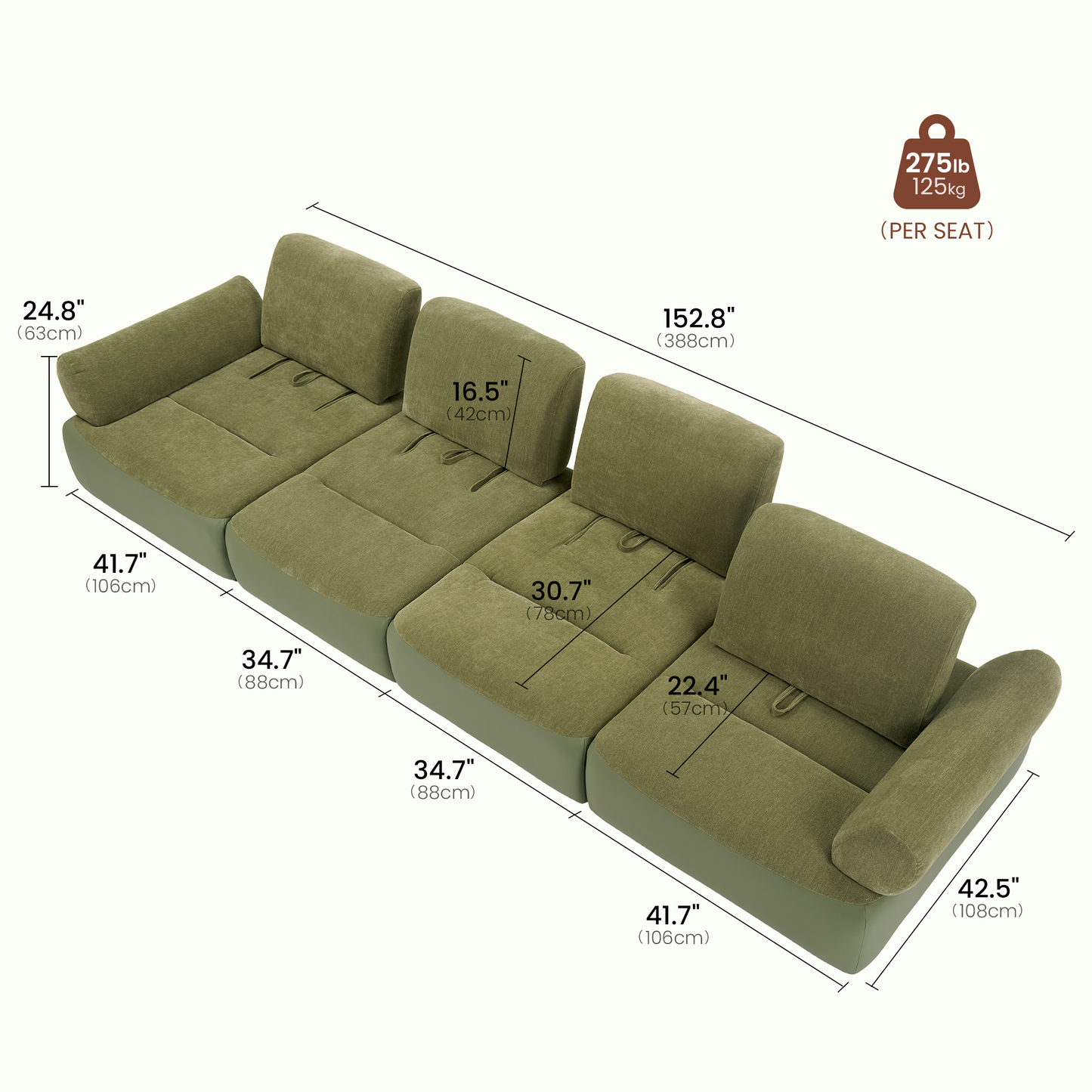[Pre-Sale] 152-Inch Extra-Wide Modern 4-Seater Deep-Seat Sofa - Olive Green Chenille and Faux Leather