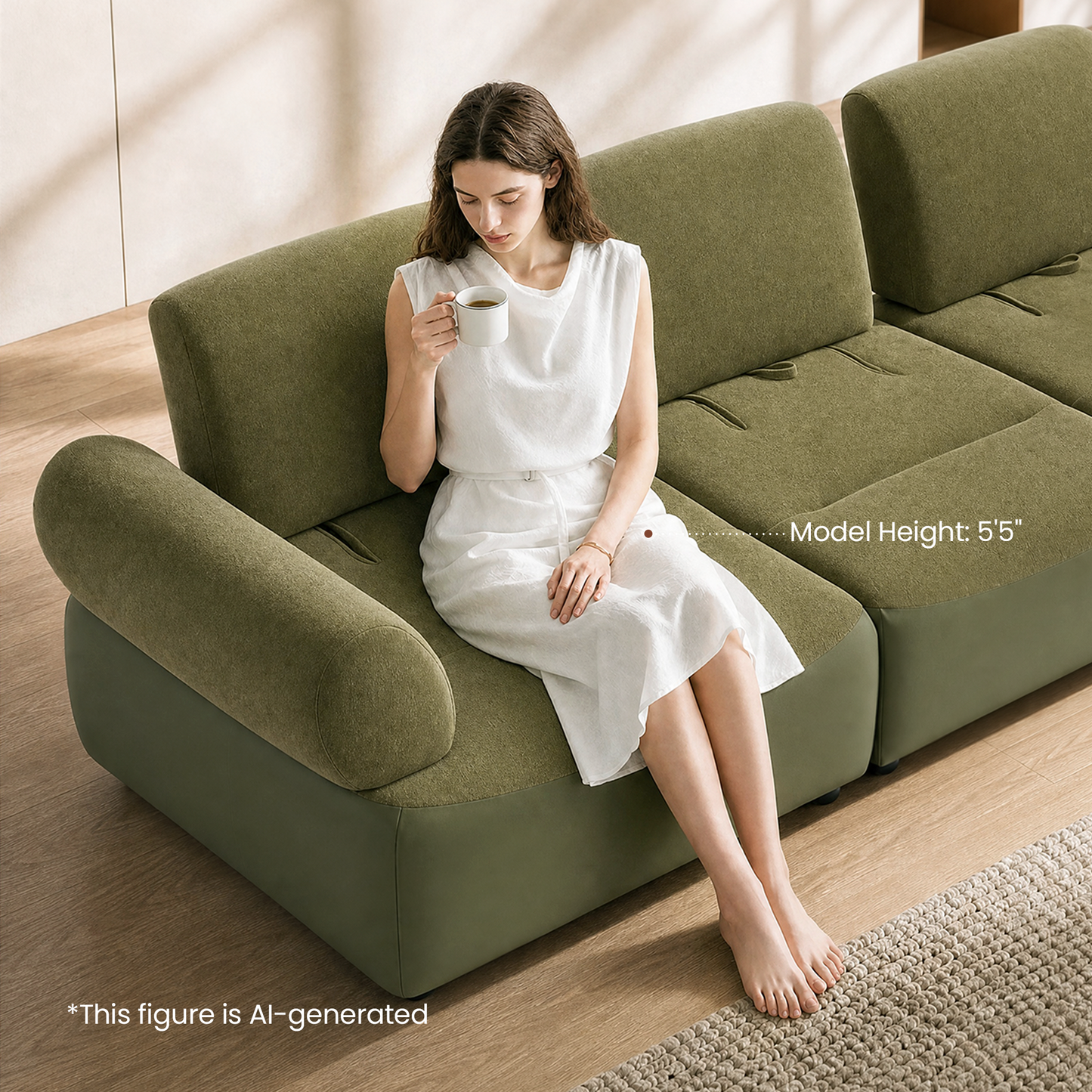 [Pre-Sale] 152-Inch Extra-Wide Modern 4-Seater Deep-Seat Sofa - Olive Green Chenille and Faux Leather