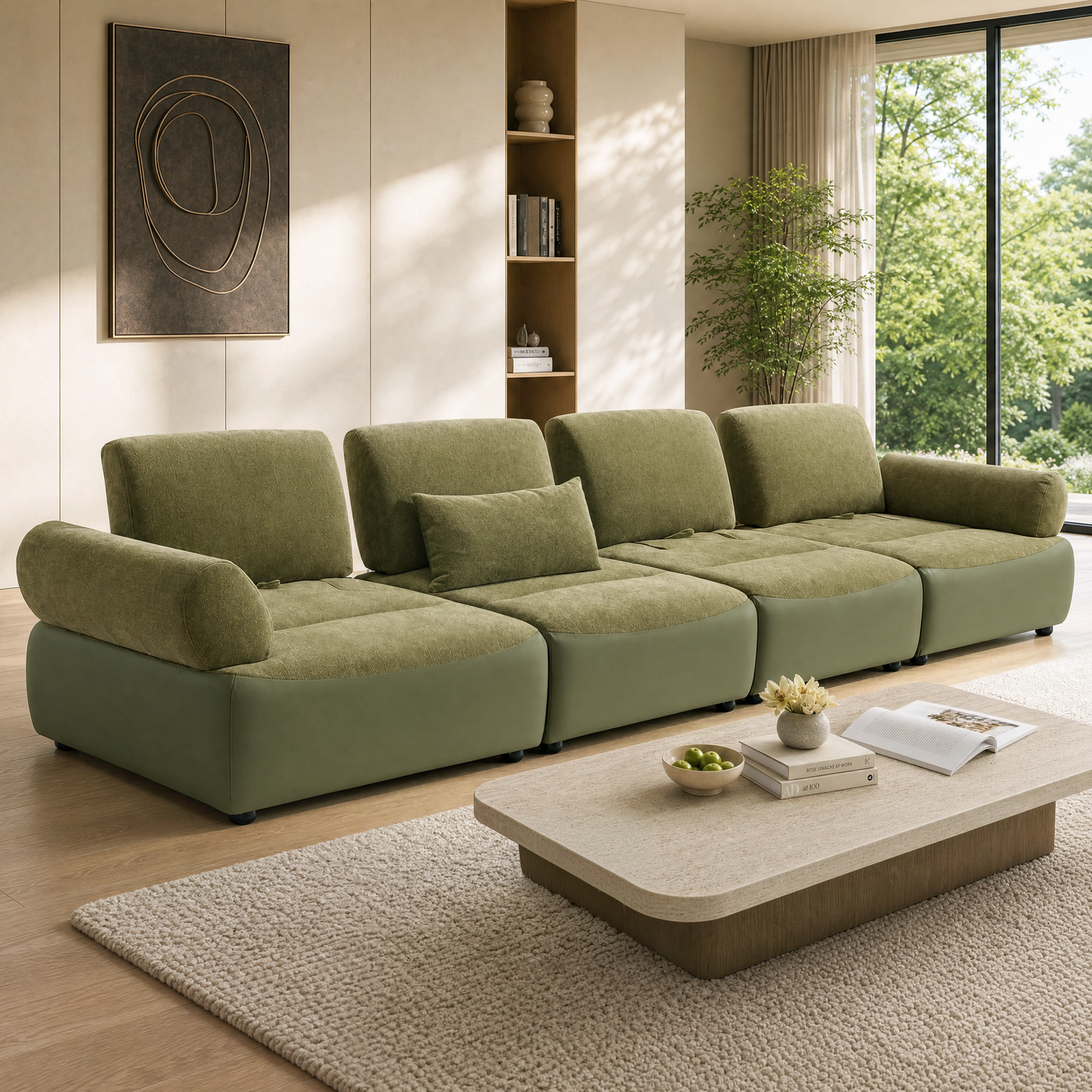 [Pre-Sale] 152-Inch Extra-Wide Modern 4-Seater Deep-Seat Sofa - Olive Green Chenille and Faux Leather