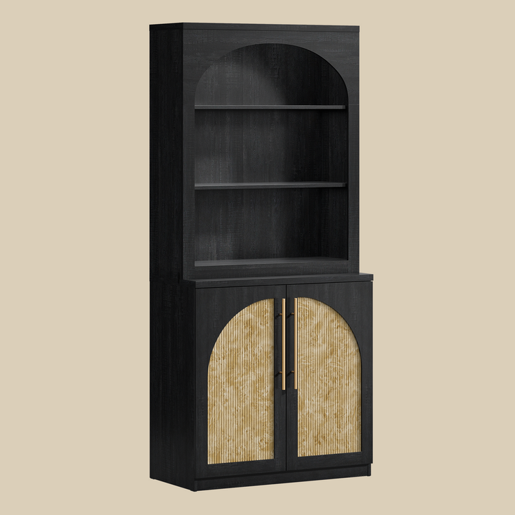 [Pre-Sale] Harmo Block 70" Arched Bookcase with Doors,  Hall Tree & Entryway Cabinet, Black&Burl Wood
