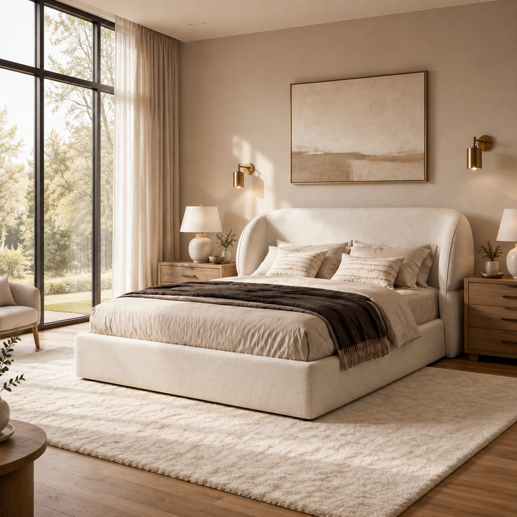 Cream upholstered bed with a curved wingback headboard and dark throw between wood-tone nightstands