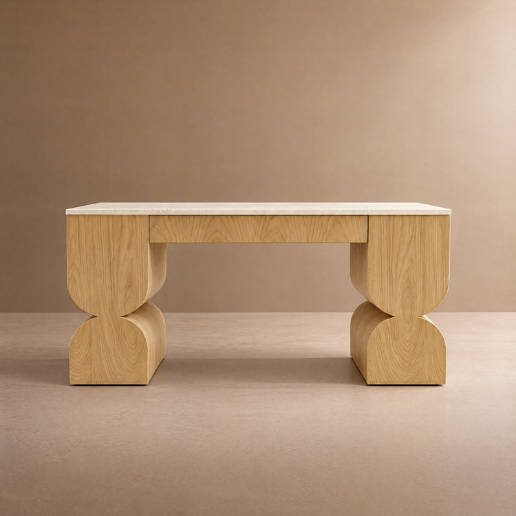 Light wood console table with sculpted pedestal legs and a pale stone top.