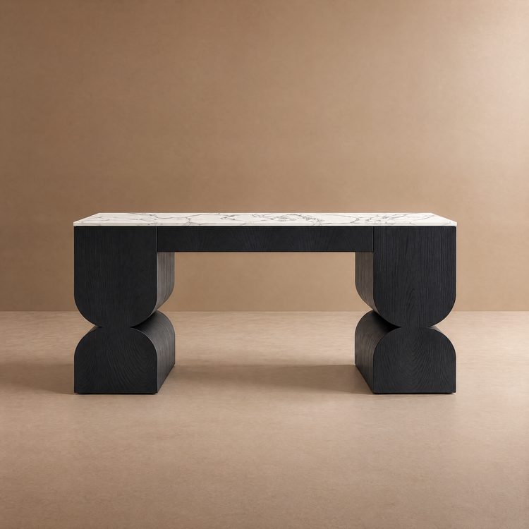Black wood console table with a white marble-patterned top and sculptural curved legs.