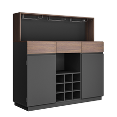 Dark wood bar cabinet with three top drawers, two side doors, center bottle cubbies, and hanging stemware racks