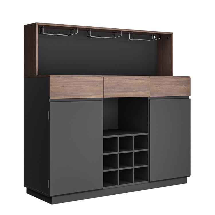 Dark wood bar cabinet with three top drawers, two side doors, center bottle cubbies, and hanging stemware racks