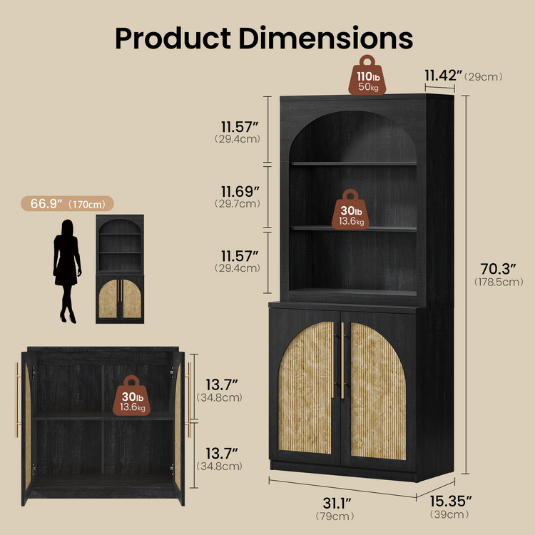 [Pre-Sale] Harmo Block 70" Arched Bookcase with Doors,  Hall Tree & Entryway Cabinet, Black&Burl Wood
