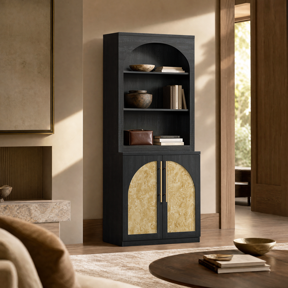 [Pre-Sale] Harmo Block 70" Arched Bookcase with Doors,  Hall Tree & Entryway Cabinet, Black&Burl Wood