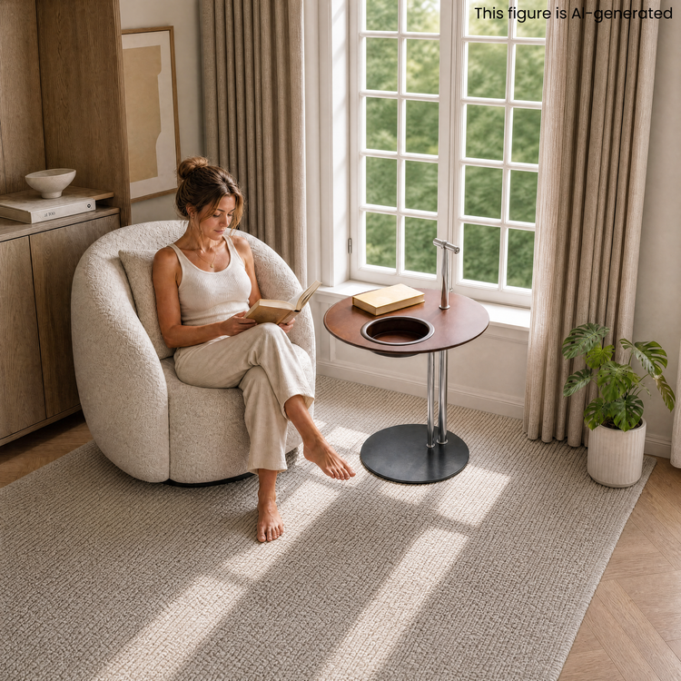 [Pre-Sale] 19-Inch Round Sofa Side Table with Built-In Cup Holder - Brown Saddle Leather Top End Table