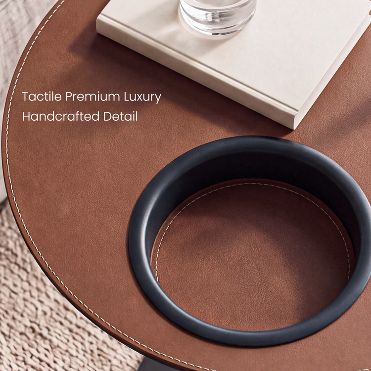 [Pre-Sale] 19-Inch Round Sofa Side Table with Built-In Cup Holder - Brown Saddle Leather Top End Table