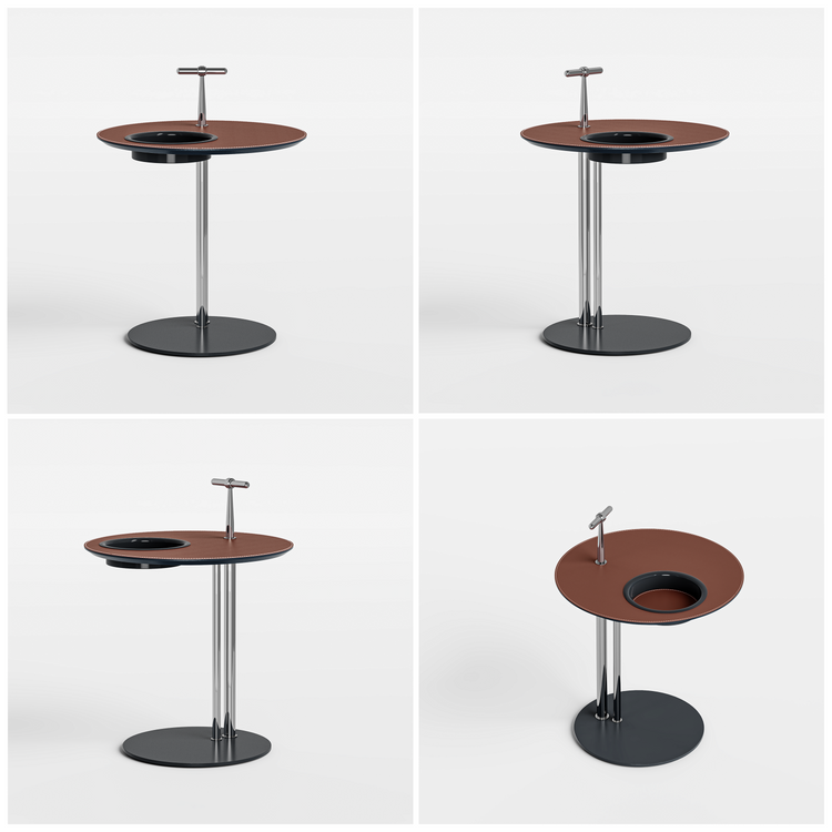 [Pre-Sale] 19-Inch Round Sofa Side Table with Built-In Cup Holder - Brown Saddle Leather Top End Table