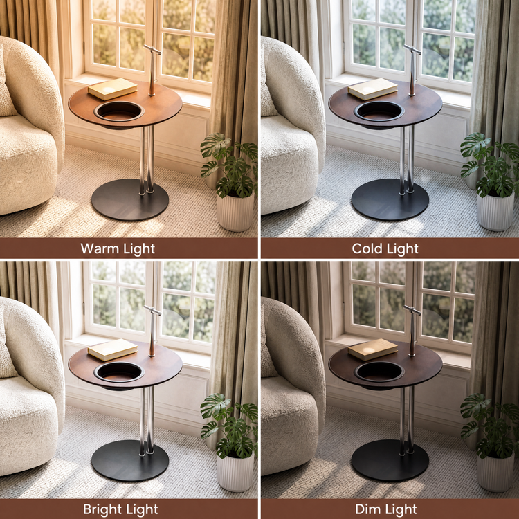 [Pre-Sale] 19-Inch Round Sofa Side Table with Built-In Cup Holder - Brown Saddle Leather Top End Table