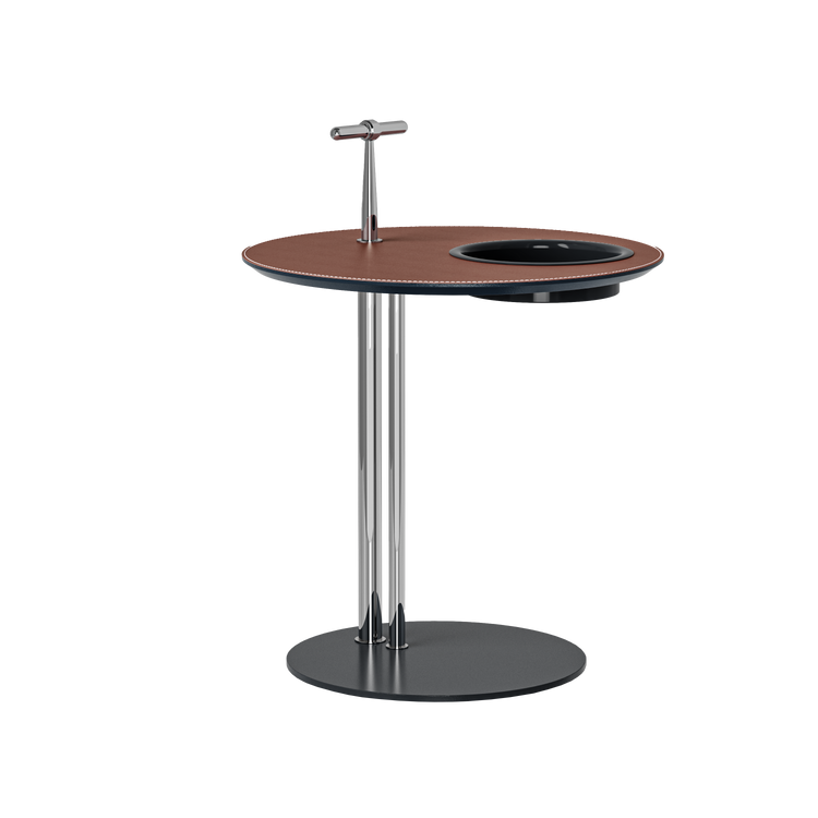 [Pre-Sale] 19-Inch Round Sofa Side Table with Built-In Cup Holder - Brown Saddle Leather Top End Table